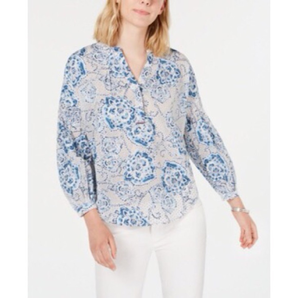 NWT Tommy Hilfiger Printed Blouson-Sleeve Blouse in Blue White Size S New w/Tag